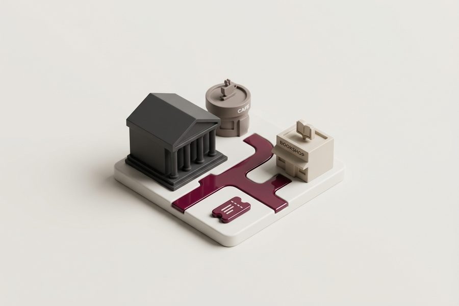 Manzana en miniatura: un museo conectado por un camino burdeos a una cafetería y una librería del barrio