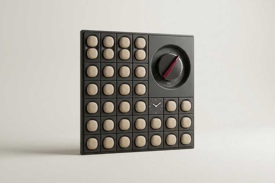 Panel de control físico en miniatura con fichas de aforo y un dial burdeos marcando la capacidad