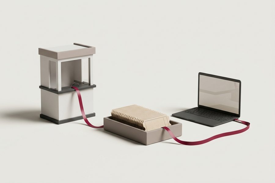 Boletería en miniatura y un laptop conectados por una cinta burdeos hacia una sola bandeja de entradas