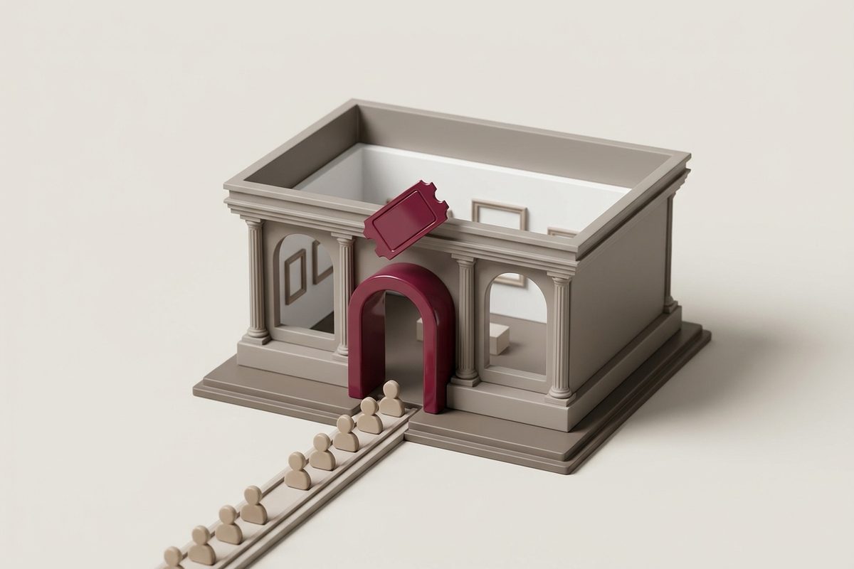 Fachada de museo en miniatura con visitantes entrando por un arco burdeos y una entrada flotando sobre la puerta